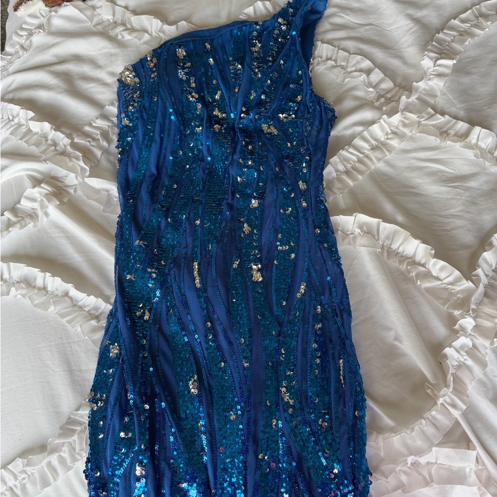Asymmetrical Blue Sequin Dress